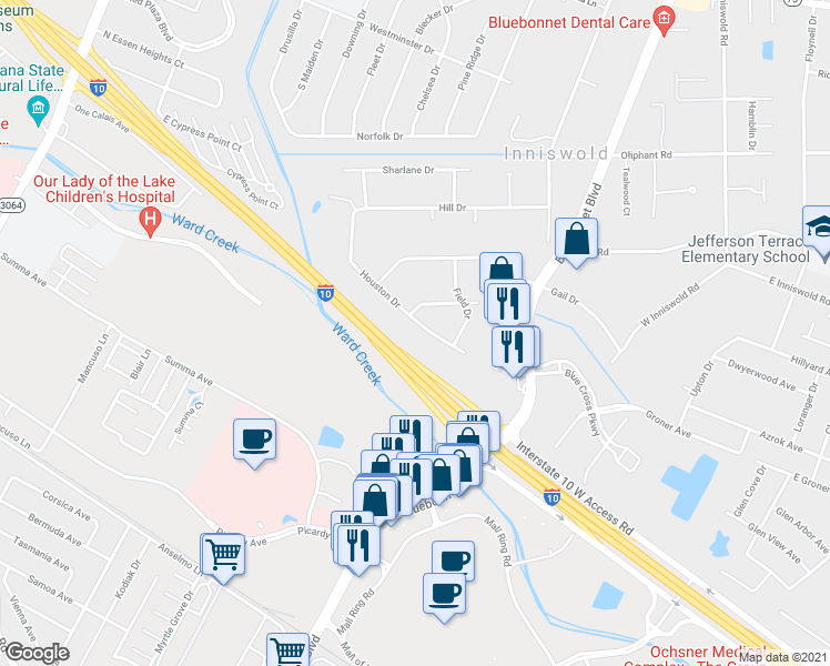 map of restaurants, bars, coffee shops, grocery stores, and more near 5466 Houston Drive in Baton Rouge