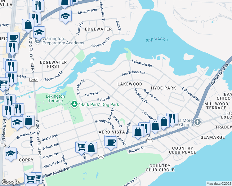 map of restaurants, bars, coffee shops, grocery stores, and more near 307 Lakewood Road in Pensacola