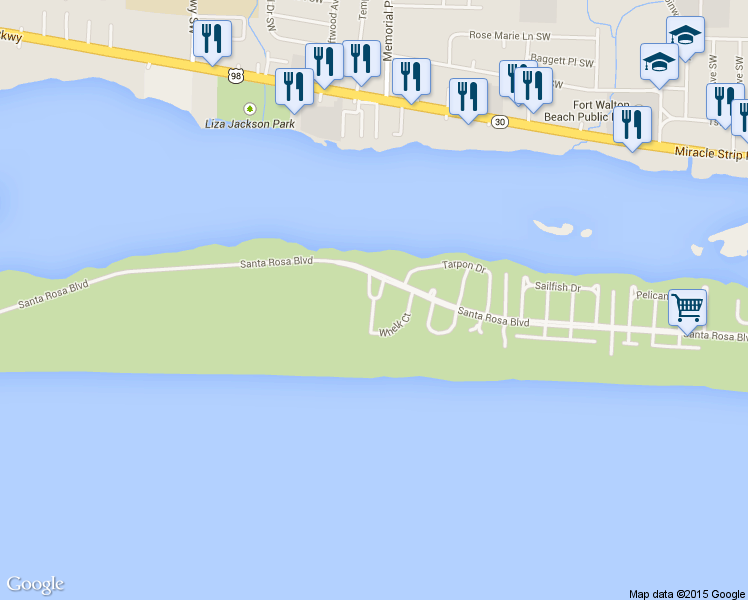 map of restaurants, bars, coffee shops, grocery stores, and more near 933 Whelk Ct in Okaloosa