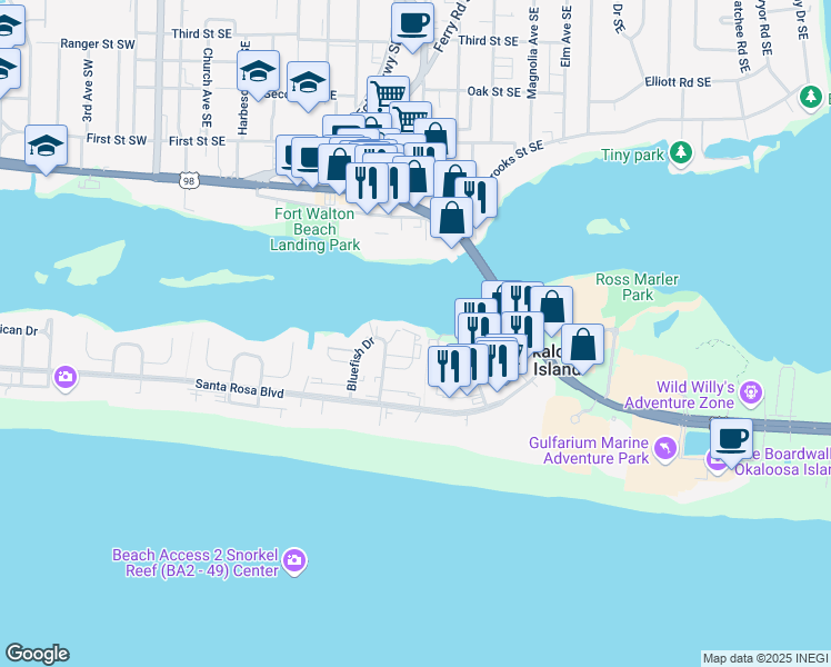 map of restaurants, bars, coffee shops, grocery stores, and more near 321 Bream Avenue in Fort Walton Beach