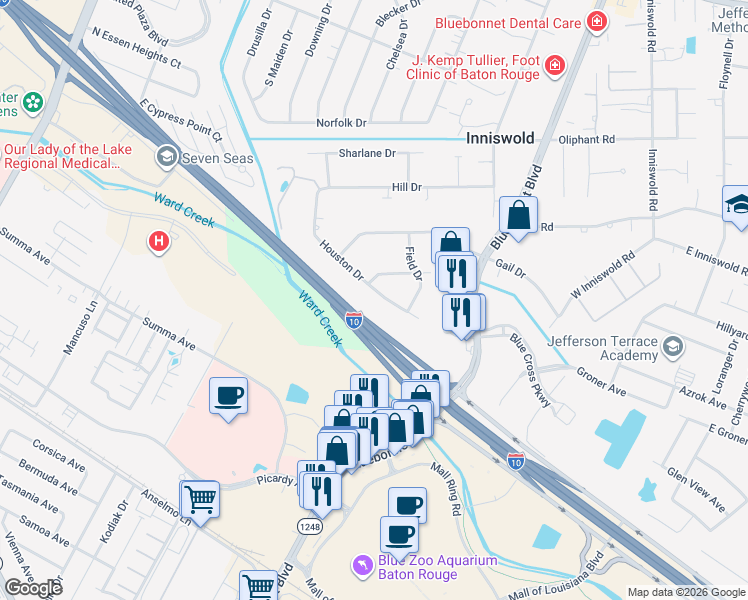map of restaurants, bars, coffee shops, grocery stores, and more near 5466 Houston Drive in Baton Rouge