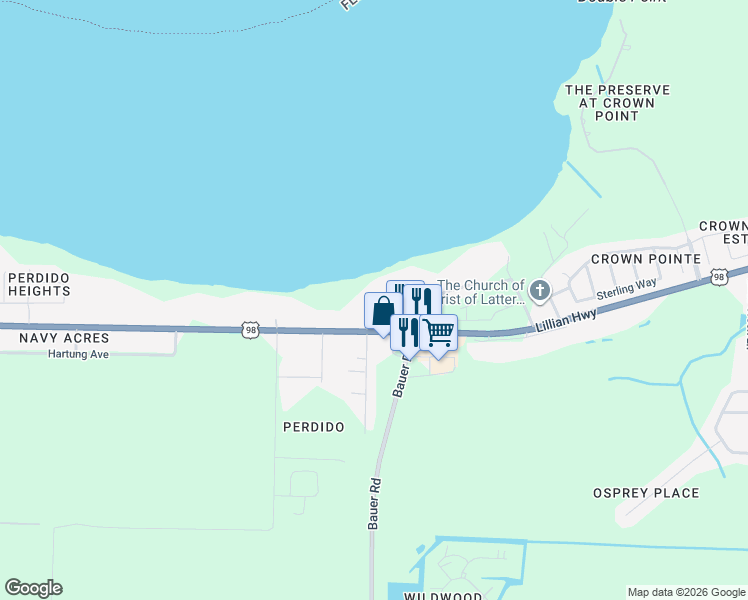 map of restaurants, bars, coffee shops, grocery stores, and more near 930 Joaquin Road in Pensacola