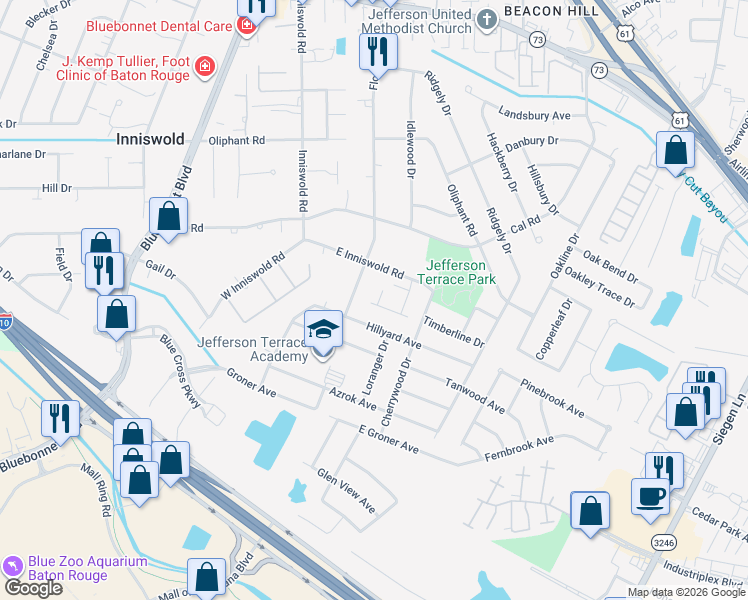 map of restaurants, bars, coffee shops, grocery stores, and more near 5236 Lone Pine Lane in Baton Rouge