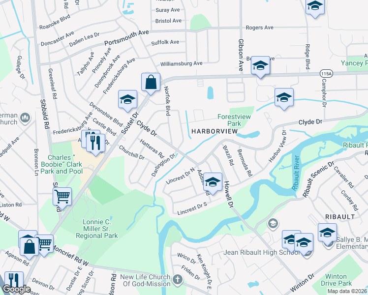 map of restaurants, bars, coffee shops, grocery stores, and more near 8711 Darlington Drive in Jacksonville