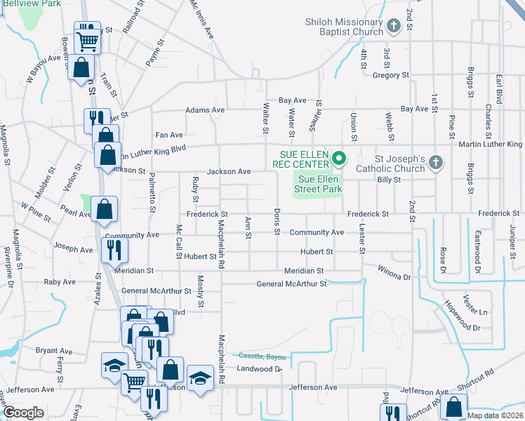 map of restaurants, bars, coffee shops, grocery stores, and more near 4913 Frederick Street in Moss Point