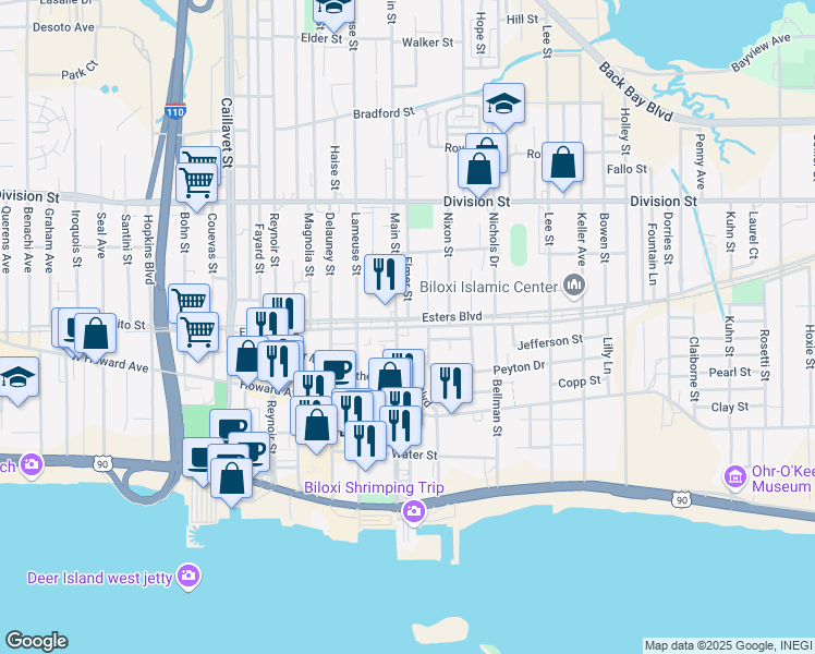 map of restaurants, bars, coffee shops, grocery stores, and more near 685 Esters Boulevard in Biloxi