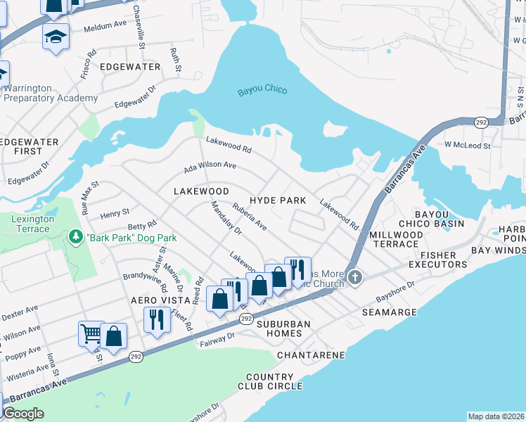 map of restaurants, bars, coffee shops, grocery stores, and more near 411 Seamarge Ln in Pensacola