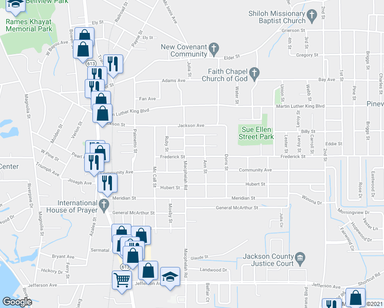 map of restaurants, bars, coffee shops, grocery stores, and more near 4807 Frederick Street in Moss Point