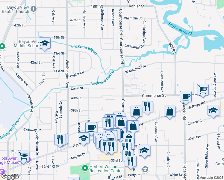 map of restaurants, bars, coffee shops, grocery stores, and more near 107 Canal St in Gulfport