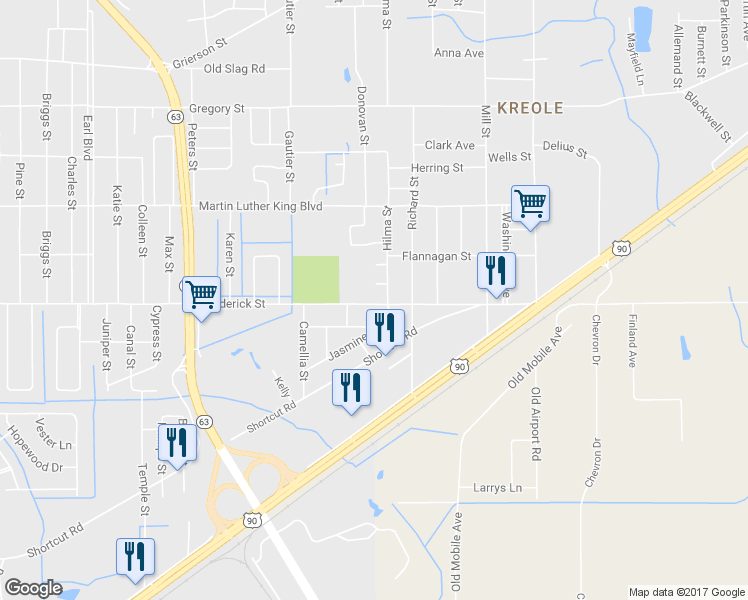 map of restaurants, bars, coffee shops, grocery stores, and more near 6509 Frederick Street in Moss Point