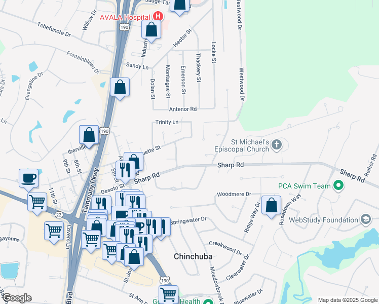 map of restaurants, bars, coffee shops, grocery stores, and more near 2319 Rue Pinckney in Mandeville