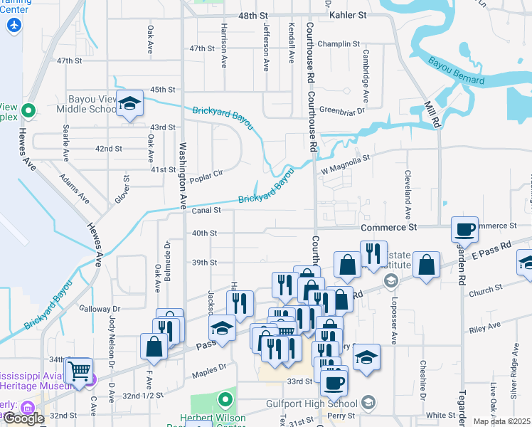 map of restaurants, bars, coffee shops, grocery stores, and more near 125 Canal St in Gulfport