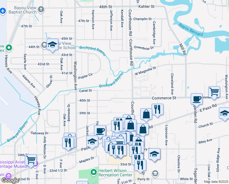 map of restaurants, bars, coffee shops, grocery stores, and more near 125 Canal Street in Gulfport