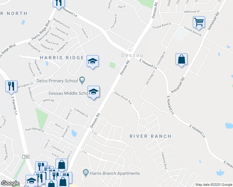 map of restaurants, bars, coffee shops, grocery stores, and more near 13015 Dessau Road in Austin