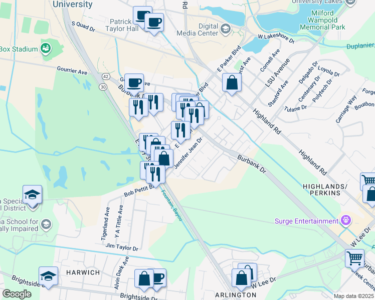map of restaurants, bars, coffee shops, grocery stores, and more near 676 Jennifer Jean Drive in Baton Rouge