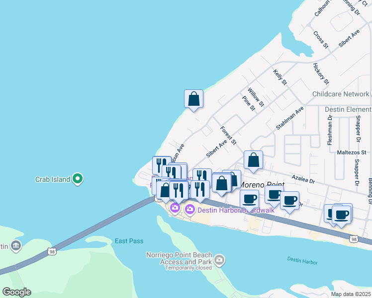 map of restaurants, bars, coffee shops, grocery stores, and more near 124 Calhoun Avenue in Destin