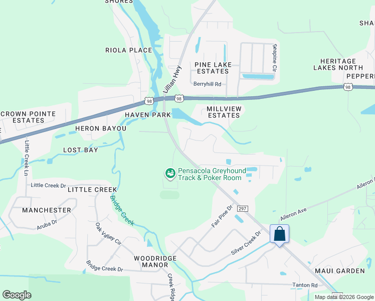 map of restaurants, bars, coffee shops, grocery stores, and more near 10847 Trailblazer Way in Pensacola