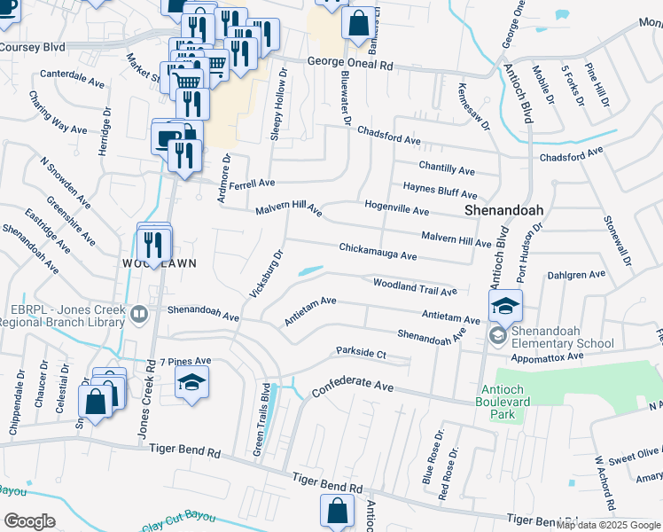 map of restaurants, bars, coffee shops, grocery stores, and more near 15801 Woodland Trail Avenue in Baton Rouge