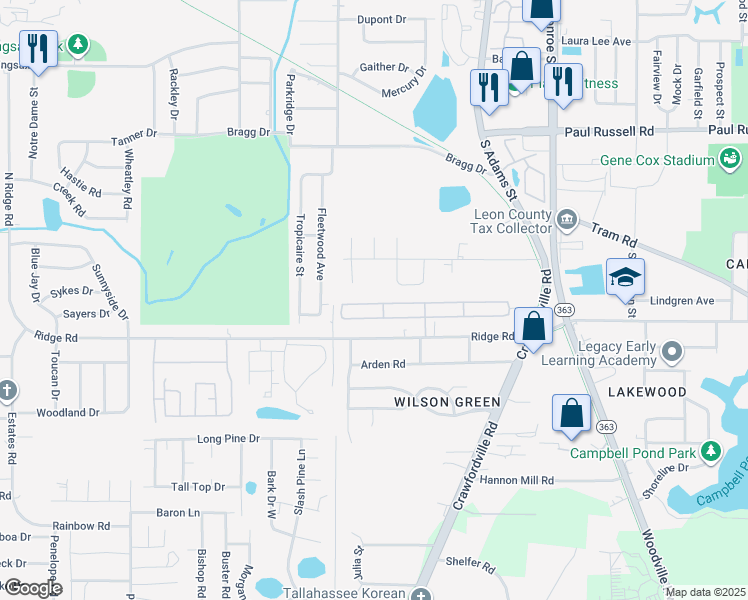 map of restaurants, bars, coffee shops, grocery stores, and more near 400 Americana Street in Tallahassee