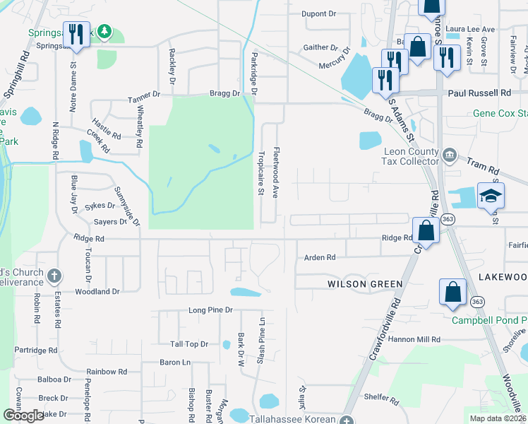 map of restaurants, bars, coffee shops, grocery stores, and more near 219 Fleetwood Avenue in Tallahassee