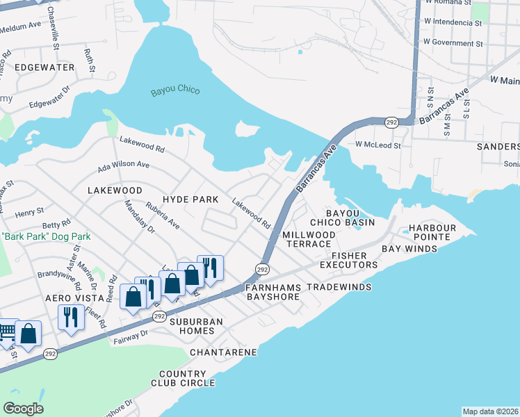 map of restaurants, bars, coffee shops, grocery stores, and more near 1008 Lakewood Road in Pensacola