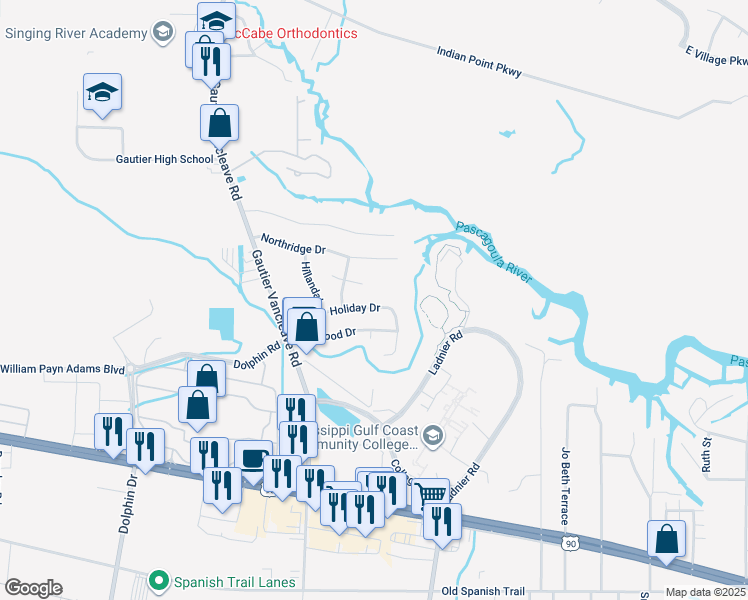 map of restaurants, bars, coffee shops, grocery stores, and more near 2412 Holiday Drive in Gautier