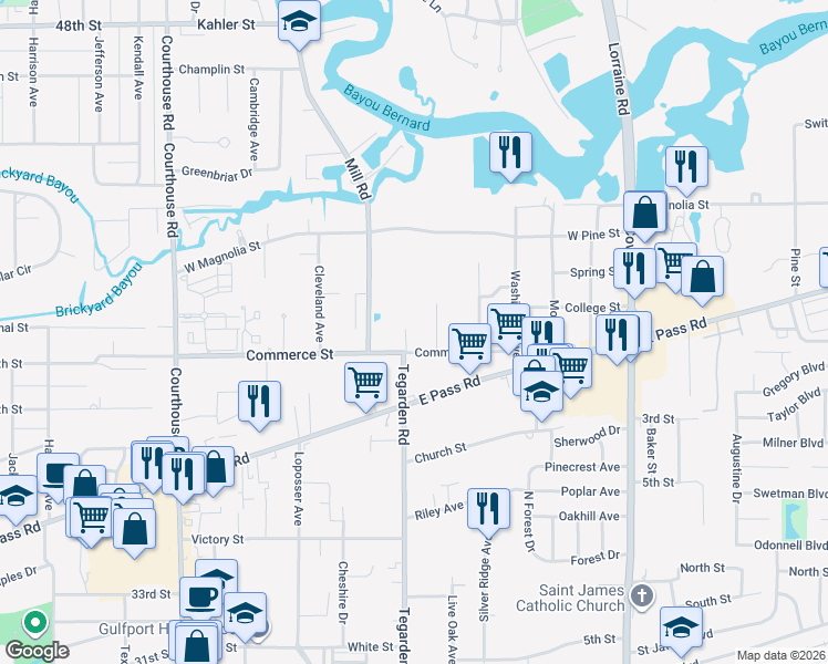 map of restaurants, bars, coffee shops, grocery stores, and more near 839 Commerce Street in Gulfport