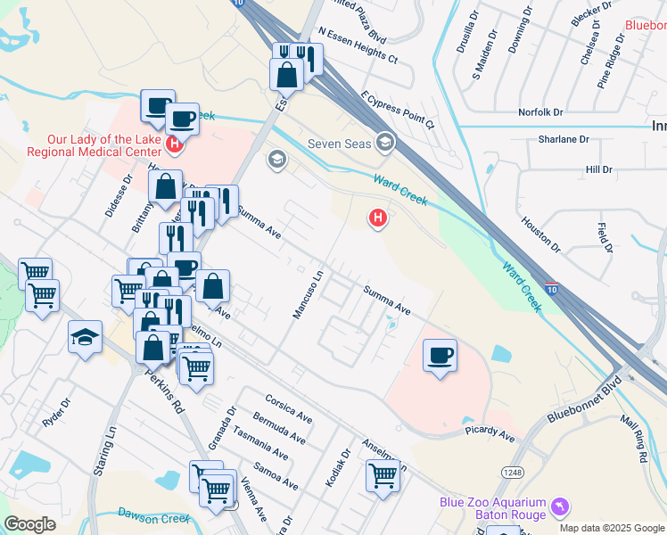 map of restaurants, bars, coffee shops, grocery stores, and more near 8225 Summa Avenue in Baton Rouge
