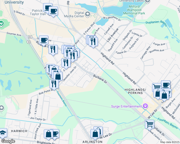 map of restaurants, bars, coffee shops, grocery stores, and more near 4647 Louisiana 42 in Baton Rouge