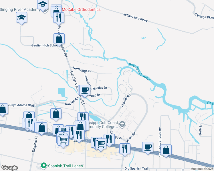 map of restaurants, bars, coffee shops, grocery stores, and more near 2412 Holiday Drive in Gautier
