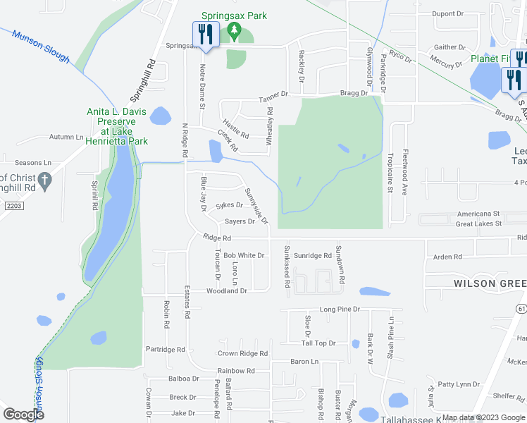 map of restaurants, bars, coffee shops, grocery stores, and more near 3425 Sunnyside Drive in Tallahassee