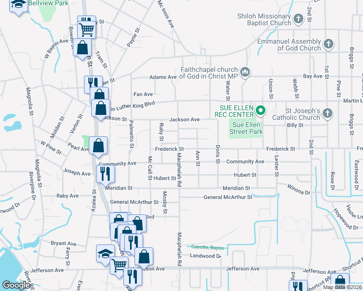 map of restaurants, bars, coffee shops, grocery stores, and more near 4807-4819 Frederick Street in Moss Point