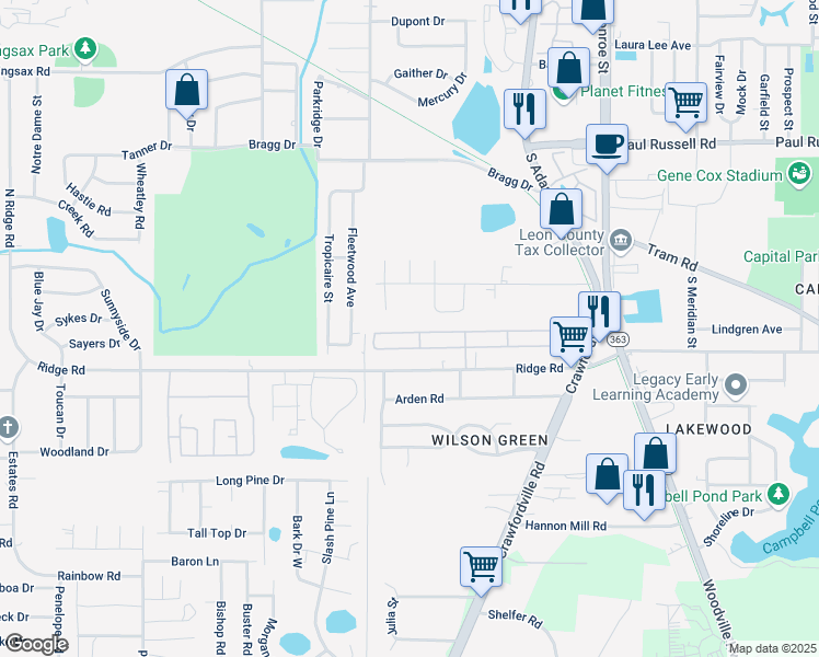 map of restaurants, bars, coffee shops, grocery stores, and more near 400 Americana Street in Tallahassee