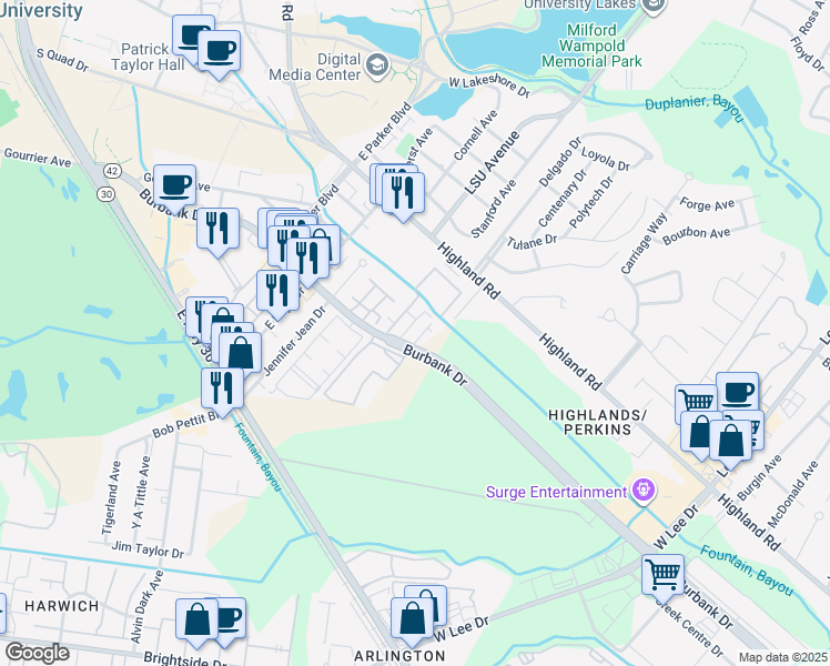 map of restaurants, bars, coffee shops, grocery stores, and more near 4647 Louisiana 42 in Baton Rouge