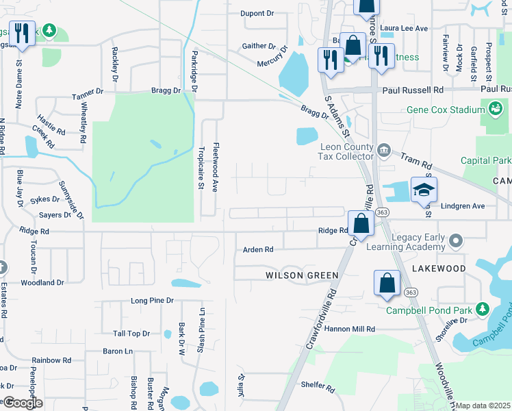 map of restaurants, bars, coffee shops, grocery stores, and more near 400 Americana Street in Tallahassee