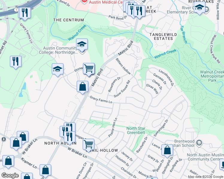 map of restaurants, bars, coffee shops, grocery stores, and more near 11917 Rosethorn Drive in Austin