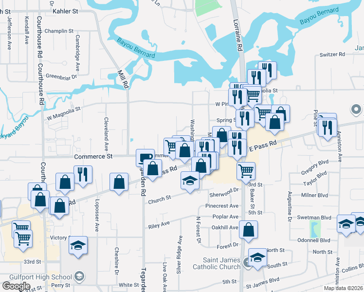 map of restaurants, bars, coffee shops, grocery stores, and more near 918 Mary Ruth Drive in Gulfport