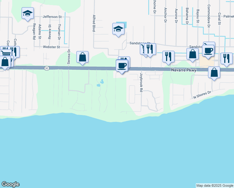 map of restaurants, bars, coffee shops, grocery stores, and more near 1760 Sound Haven Court in Navarre