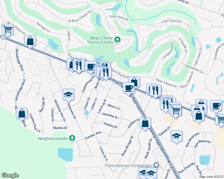 map of restaurants, bars, coffee shops, grocery stores, and more near 620-624 Village Lane South in Mandeville