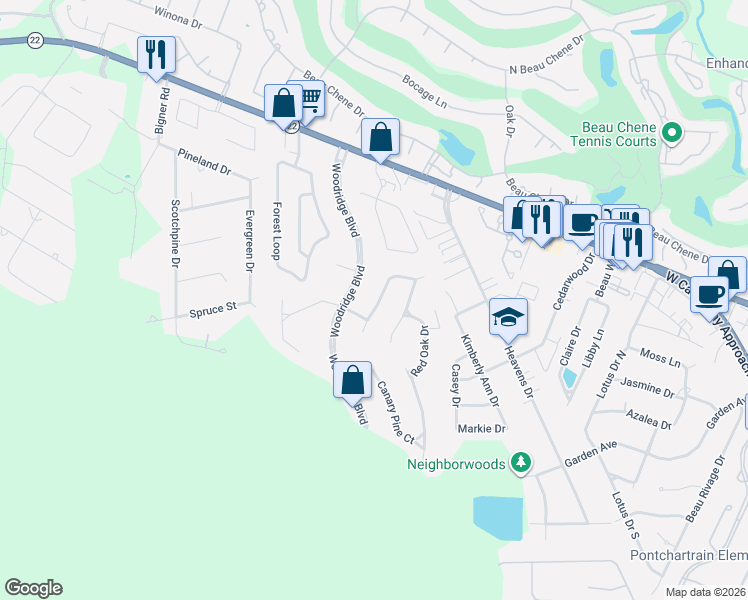 map of restaurants, bars, coffee shops, grocery stores, and more near 448 Water Oak Lane in Mandeville