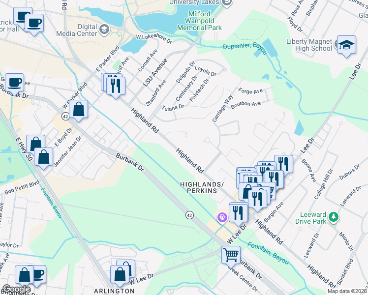map of restaurants, bars, coffee shops, grocery stores, and more near 4945 Highland Road in Baton Rouge
