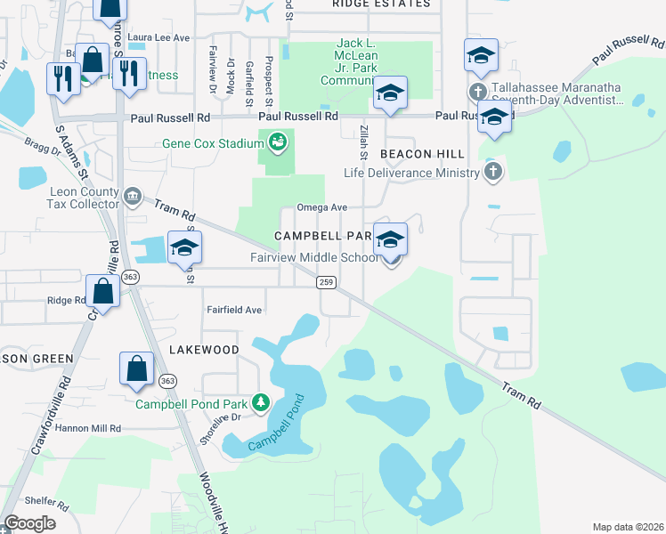map of restaurants, bars, coffee shops, grocery stores, and more near 3434 Laura Street in Tallahassee