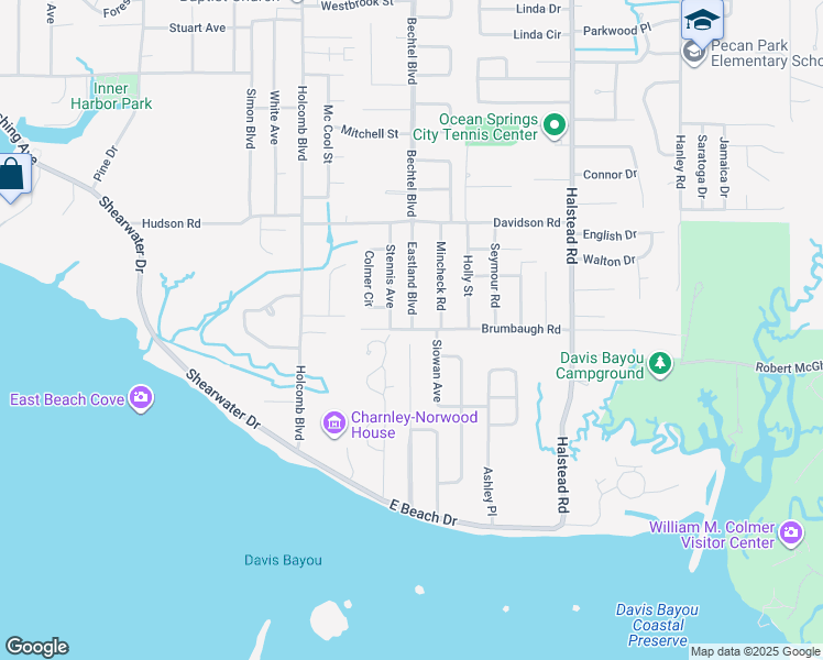 map of restaurants, bars, coffee shops, grocery stores, and more near 299 Brumbaugh Road in Ocean Springs
