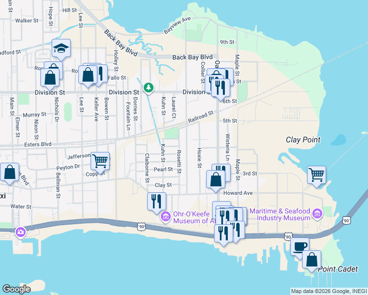 map of restaurants, bars, coffee shops, grocery stores, and more near 199 Crawford Street in Biloxi