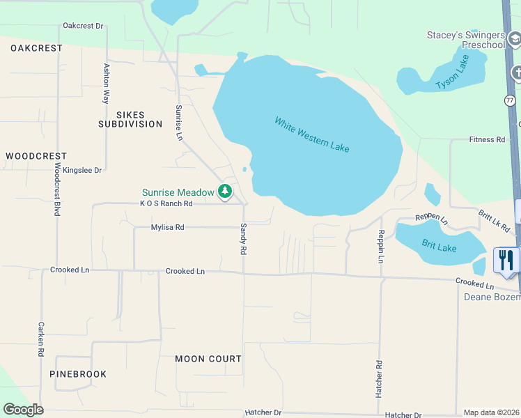 map of restaurants, bars, coffee shops, grocery stores, and more near 13642 Sandy Road in Southport