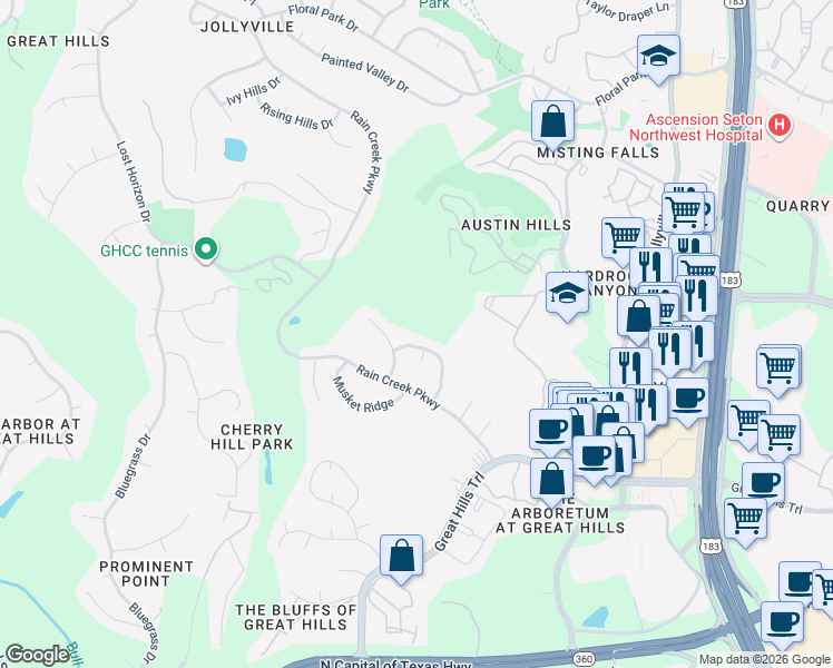 map of restaurants, bars, coffee shops, grocery stores, and more near 5304 Welcome Glen in Austin