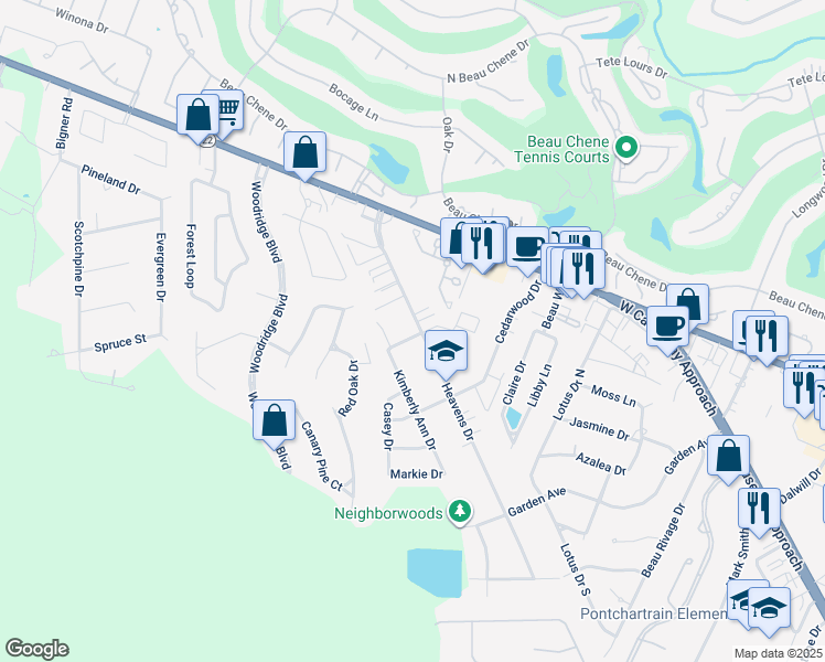 map of restaurants, bars, coffee shops, grocery stores, and more near 700 Heavens Drive in Mandeville