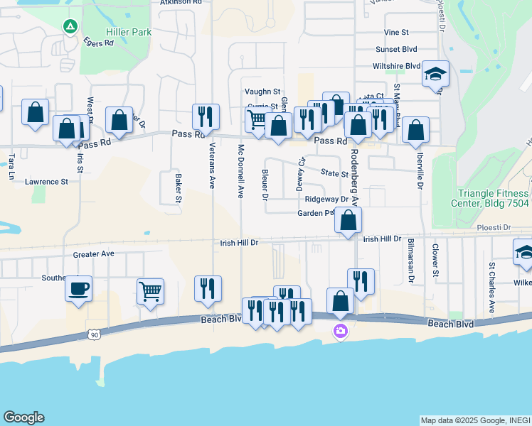 map of restaurants, bars, coffee shops, grocery stores, and more near 1715 Garden Park Drive in Biloxi