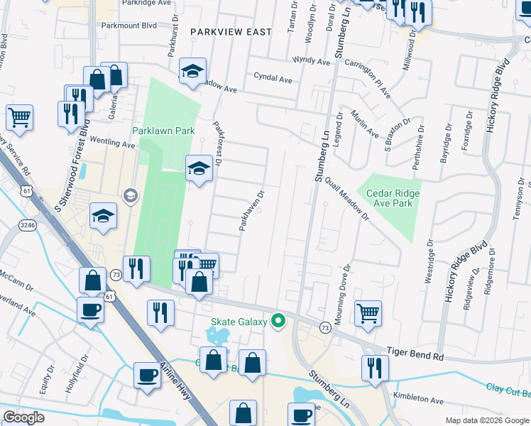 map of restaurants, bars, coffee shops, grocery stores, and more near 12635 Parklake Ave in Baton Rouge