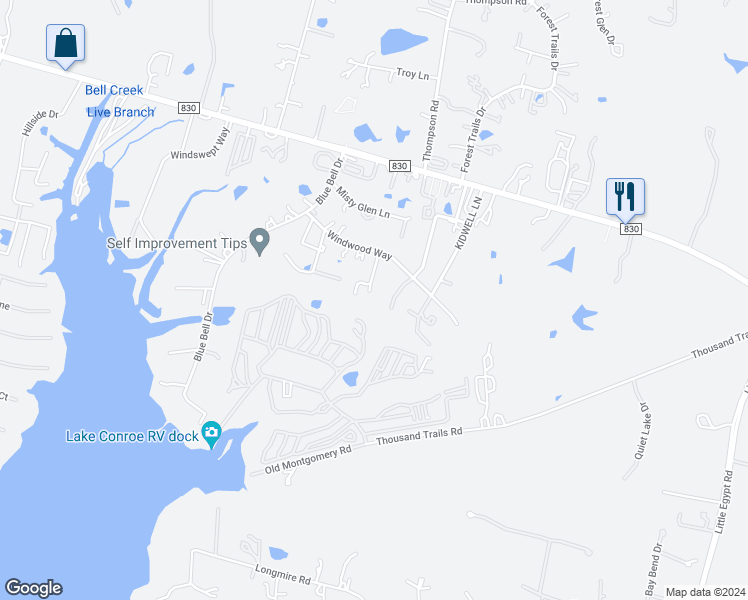 map of restaurants, bars, coffee shops, grocery stores, and more near 11697 Windwood Way in Willis